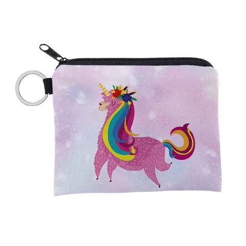 Cute Starry Sky Llamacorn Print Polyester Coin Purse With Zip And Metal Key Ring Portable Small Storage Bag For Women Girls