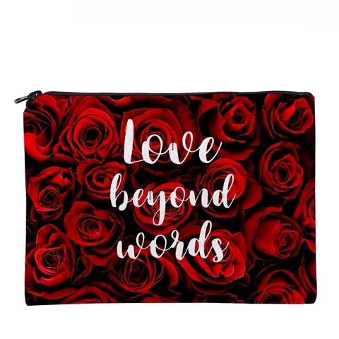 Bolsa De Maquillaje Romántica Con Estampado De Rosas Rojas Slogan Love Beyond Words Impermeable Tela Oxford Organizador
