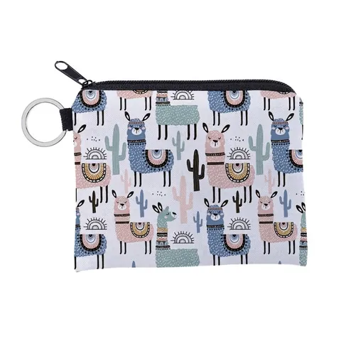 Alpaca Cat Sloth Patterned Coin Purse Polyester Water Resistant Mini Zipper Wallet With Keychain Portable Storage Bag For Women Kids