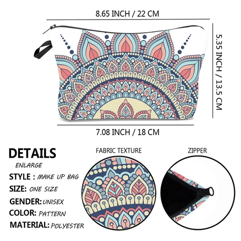 Mandala Print Makeup Bag For Women Portable Travel Cosmetic Pouch Waterproof Polyester Zipper Toiletry Organizer Handbag