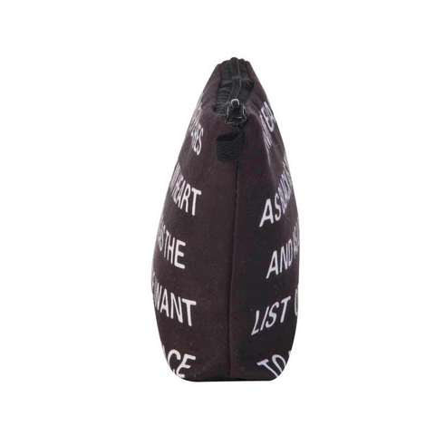 Women Black Polyester Letter Print Cosmetic Bag Portable Travel Toiletry Storage Organizer Pouch Case Zipper Closure