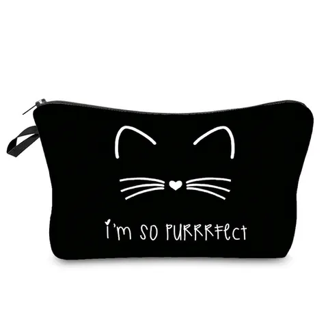 Minimalist Cat Face Print Makeup Bag Portable Polyester Travel Toiletry Storage Pouch With Zipper For Women Black