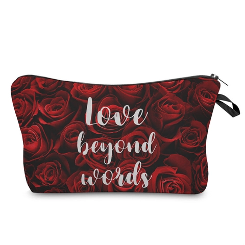 Polyester Make-Uptas Met Rode Rozen Print Love Beyond Words Letterprint Reis Toiletartikelen Organizer Voor Dames