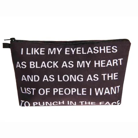 Women Black Polyester Letter Print Cosmetic Bag Portable Travel Toiletry Storage Organizer Pouch Case Zipper Closure