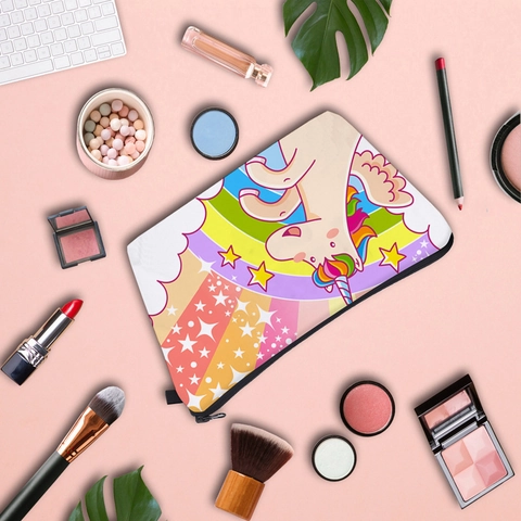 Fashion Multicolor Unicorn Rainbow Printed Polyester Cosmetic Bag Zipper Travel Makeup Storage Pouch Handbag For Women