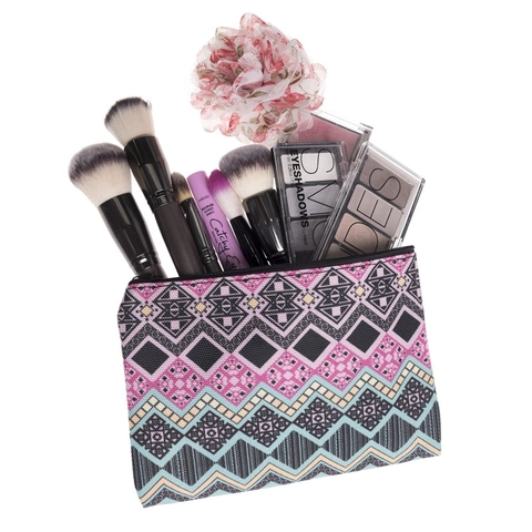 Geometric Printed Cosmetic Bag For Women Bohemian Ethnic Style Toiletry Bag Travel Makeup Organizer Polyester Storage Pouch