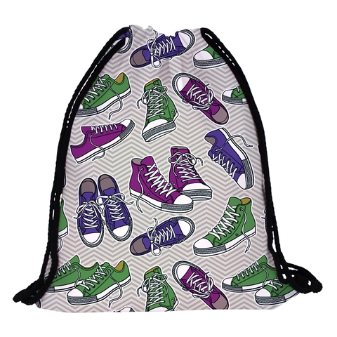 Portable Polyester Drawstring Backpack With Cartoon Sneakers Pattern For Travel Gym School Daily Storage Drawstring Bag
