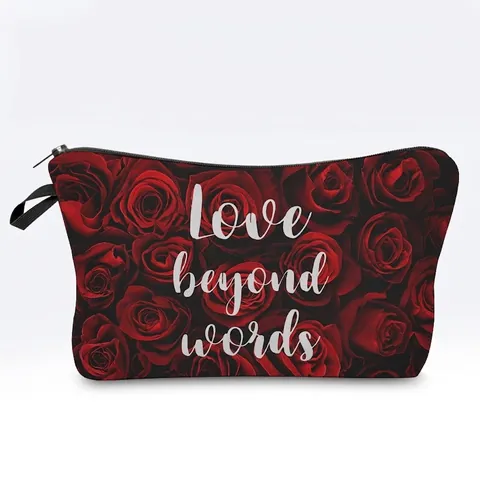 Polyester Make-Uptas Met Rode Rozen Print Love Beyond Words Letterprint Reis Toiletartikelen Organizer Voor Dames