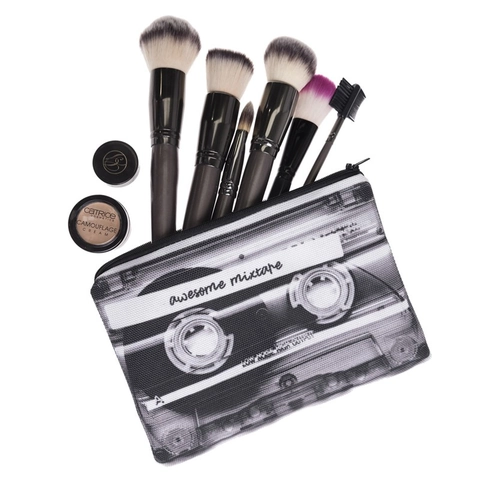 Vintage Cassette Tape Print Makeup Bag For Women Portable Polyester Toiletry Storage Bag Awesome Mixtape Travel Cosmetic Pouch