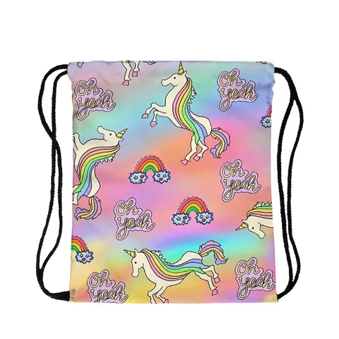 Colorful Rainbow Unicorn Print Drawstring Backpack Portable Polyester Storage Bag For Travel School Women Kids Casual Sackpack