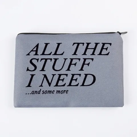 Portable Polyester Makeup Bag With Slogan Print Gray Travel Toiletry Organizer Zipper Pouch For Women Daily Storage