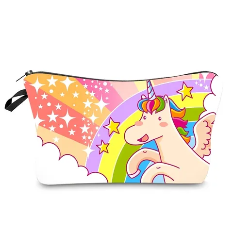 Fashion Multicolor Unicorn Rainbow Printed Polyester Cosmetic Bag Zipper Travel Makeup Storage Pouch Handbag For Women