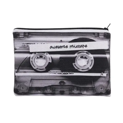 Vintage Cassette Tape Print Makeup Bag For Women Portable Polyester Toiletry Storage Bag Awesome Mixtape Travel Cosmetic Pouch