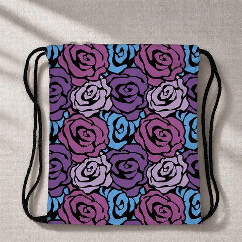 Women Men Casual Polyester Floral Rose Print Drawstring Backpack Waterproof Travel Storage Cinch Bag Sport Gym Sackpack