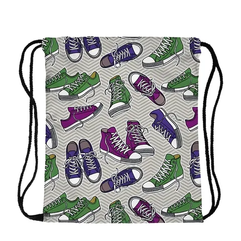 Portable Polyester Drawstring Backpack With Cartoon Sneakers Pattern For Travel Gym School Daily Storage Drawstring Bag