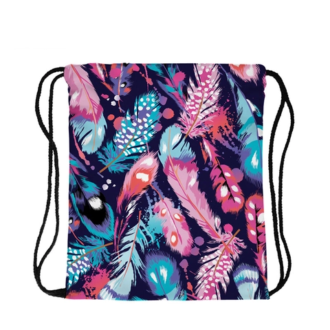 Colorful Feather Printed Drawstring Backpack Lightweight Polyester Storage Bag For Travel Gym Casual Unisex Rucksack
