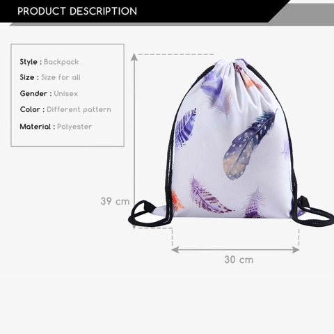 Sac à Cordon avec Imprimé Plumes Léger Sac de Rangement en Polyester pour Voyage Quotidien Unisexe Décontracté