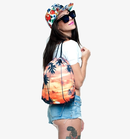 Sunset Palm Tree Print Drawstring Backpack Polyester Waterproof Tropical Vacation Gym Sport Sackpack For Men Women Travel Storage Bag