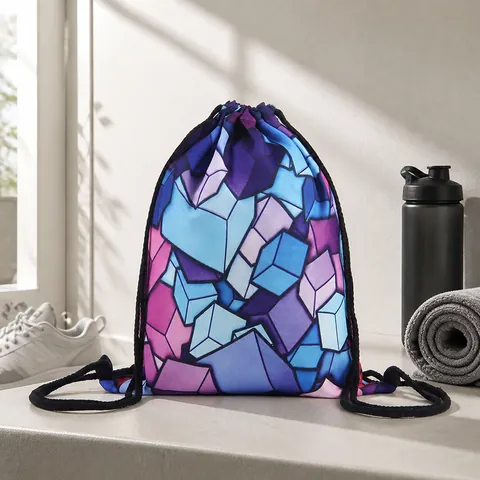 3D Geometric Cube Print Drawstring Bag For Women Men Fashion Polyester Sackpack Waterproof Travel Storage Backpack Sack