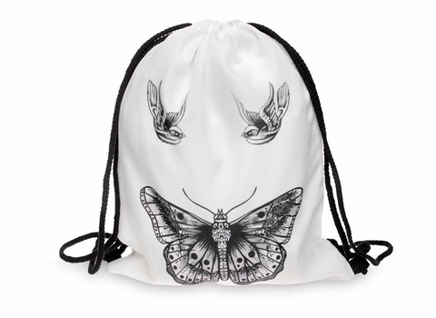 Vintage Butterfly And Bird Print Drawstring Backpack Lightweight Polyester Daily Travel Storage Bag Gym Sackpack For Women Men