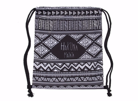 Geometric Pattern Hakuna Matata Print Drawstring Backpack Tribal Bohemian Style Polyester Travel Storage Bag For Men Women