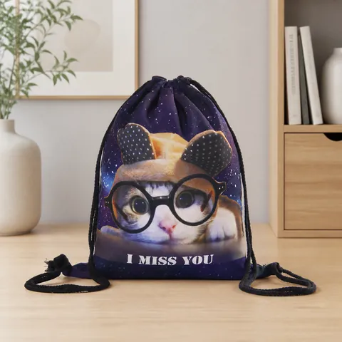 Galaxy Starry Sky Cat Drawstring Backpack Waterproof Polyester Gym Sack For Travel Storage Casual Daypack School Bag