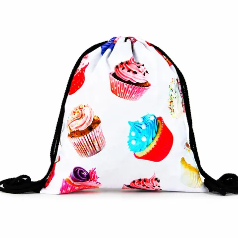 Cupcake Print Drawstring Backpack Polyester Storage Bag For Travel School Sports Cute Dessert Pattern Cinch Sack For Women