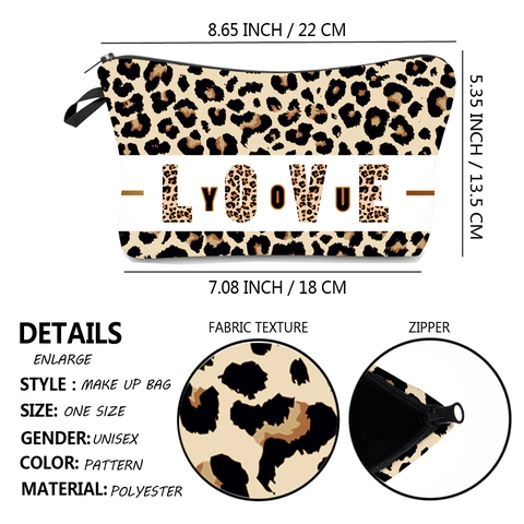Leopard Print Makeup Bag LOVE YOU Printed Polyester Zippered Travel Cosmetic Organizer Case For Women Daily Storage Bag