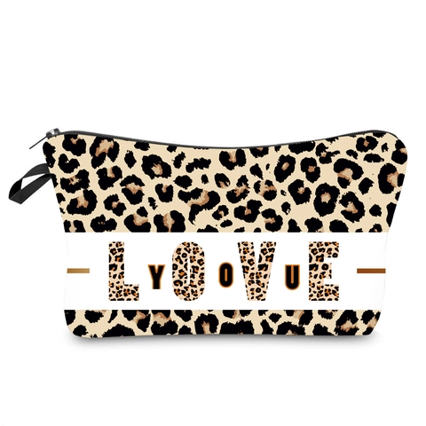 Leopard Print Makeup Bag LOVE YOU Printed Polyester Zippered Travel Cosmetic Organizer Case For Women Daily Storage Bag