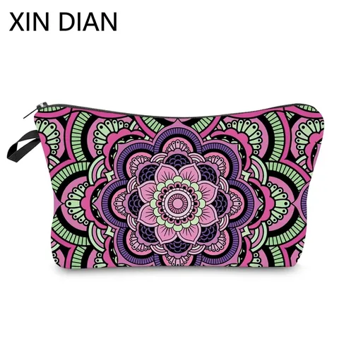 Women's Mandala Flower Printed Makeup Bag Polyester Travel Toiletry Bag Zipper Portable Cosmetic Organizer Pouch Handbag