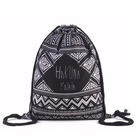 Geometric Pattern Hakuna Matata Print Drawstring Backpack Tribal Bohemian Style Polyester Travel Storage Bag For Men Women