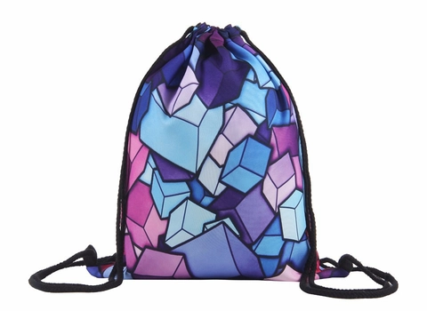 3D Geometric Cube Print Drawstring Bag For Women Men Fashion Polyester Sackpack Waterproof Travel Storage Backpack Sack