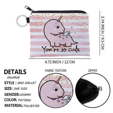 Cute Cartoon Dinosaur Printed Mini Coin Purse Portable Waterproof Polyester Zipper Wallet With Keyring For Girls Women