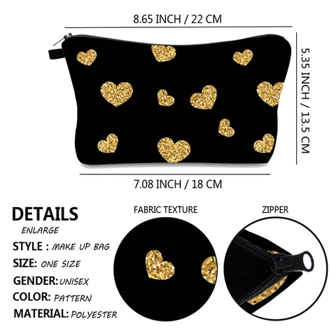 Damen Polyester Digitaldruck Gold Herz Kosmetiktasche Tragbare Reise Kulturbeutel Multifunktionale Make-Up Aufbewahrungstasche
