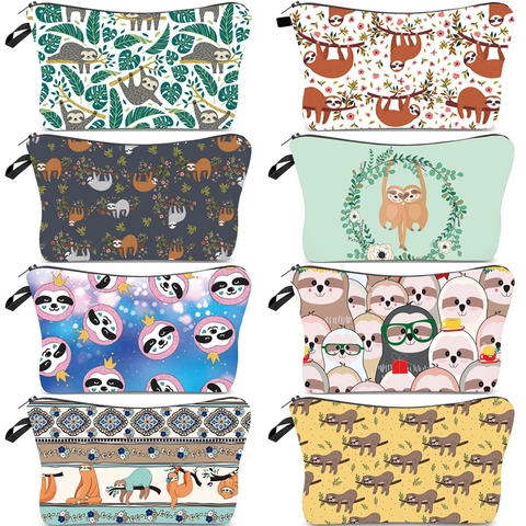 Women Casual Sloth Print Makeup Bag Polyester Travel Toiletry Storage Pouch With Zipper Portable Handheld Cosmetic Bag Organizer