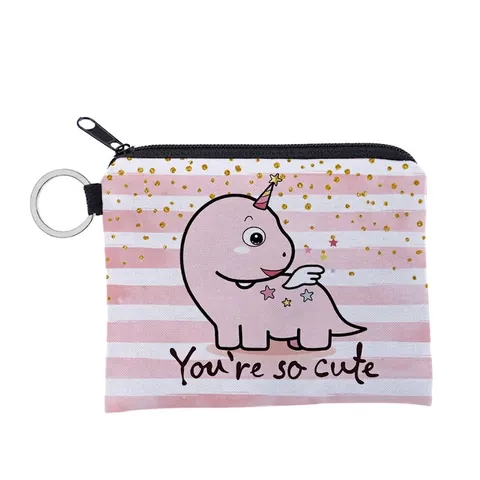 Cute Cartoon Dinosaur Printed Mini Coin Purse Portable Waterproof Polyester Zipper Wallet With Keyring For Girls Women
