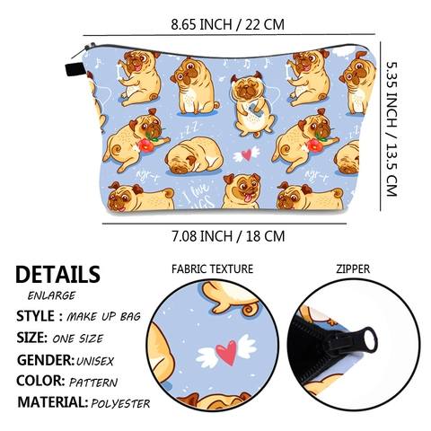 Women Portable Pug Printed Makeup Bag Digital Print Polyester Toiletry Bag Travel Storage Pouch Cosmetic Organizer