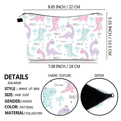 Tragbare Polyester Kosmetiktasche Digitaldruck Cartoon Dinosaurier Muster Reise Toilettenartikel Organizer Reißverschluss Tasche