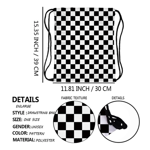 Casual Checkered Drawstring Backpack Polyester Lightweight Sport Travel Bag Black And White Grid Pattern For Men And Women