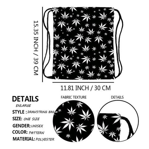 Unisex Tunnelzug Rucksack Polyester Schwarz Weiß Blattdruck Sportbeutel Für Reisen Aufbewahrung Leichte Turntasche