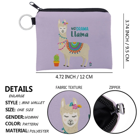 Portable Mini Coin Purse Polyester Llama Alpaca Print Zippered Storage Bag With Key Ring Cartoon Style For Women