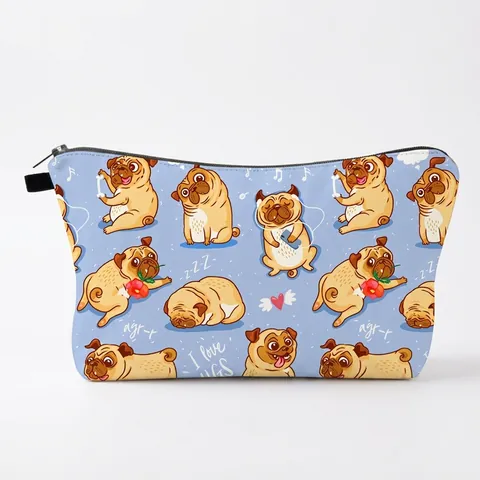Women Portable Pug Printed Makeup Bag Digital Print Polyester Toiletry Bag Travel Storage Pouch Cosmetic Organizer