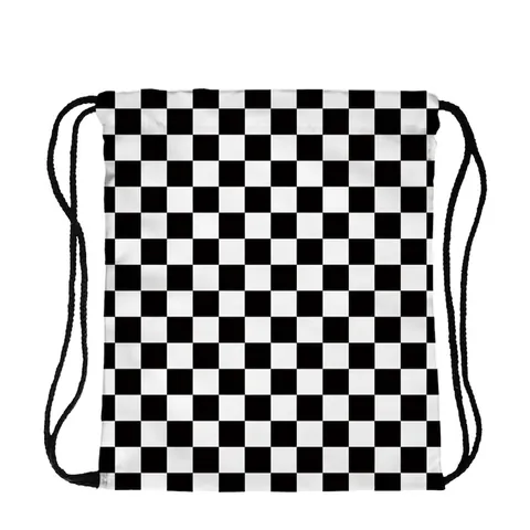 Casual Checkered Drawstring Backpack Polyester Lightweight Sport Travel Bag Black And White Grid Pattern For Men And Women