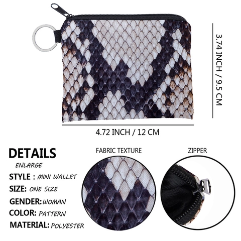 Women Snake Skin Print Coin Purse Polyester Waterproof Mini Storage Bag With Metal Key Ring For Daily Travel Fashion