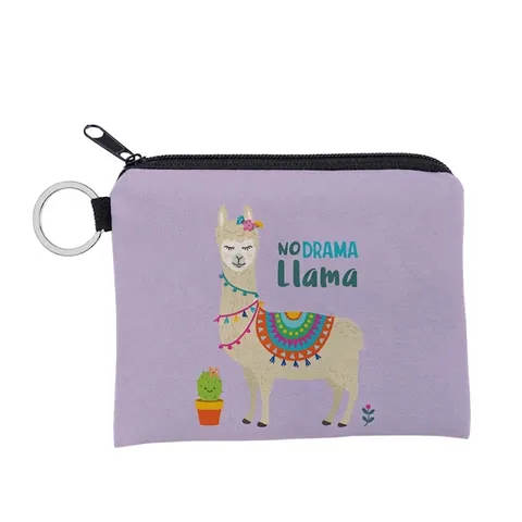 Portable Mini Coin Purse Polyester Llama Alpaca Print Zippered Storage Bag With Key Ring Cartoon Style For Women