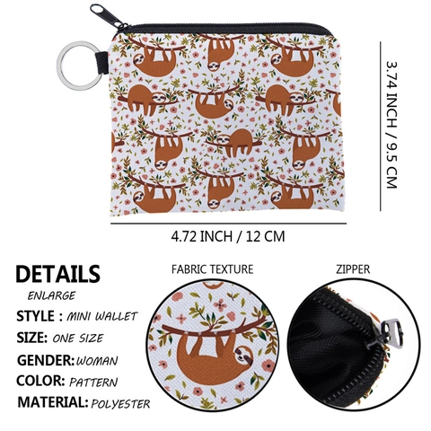 Cute Sloth Floral Pattern Coin Purse Waterproof Polyester Mini Zipper Pouch With Keychain Ring For Women Girls Travel