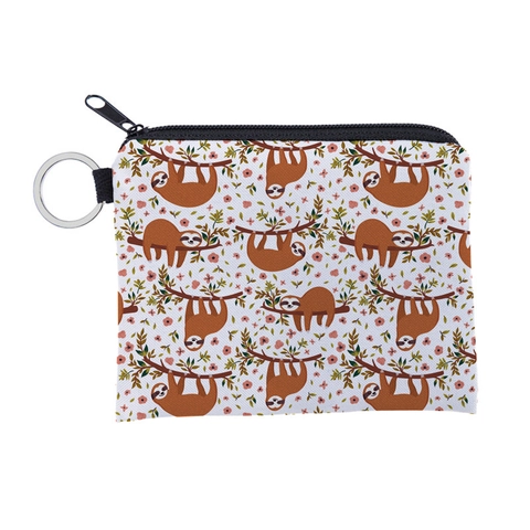 Cute Sloth Floral Pattern Coin Purse Waterproof Polyester Mini Zipper Pouch With Keychain Ring For Women Girls Travel
