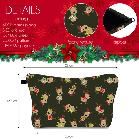 Christmas Cartoon Reindeer Print Makeup Bag Durable Polyester Sponge Lining Portable Travel Toiletry Pouch Zip Closure Holiday Storage Bag For Women