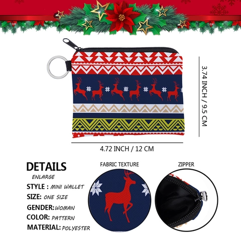 Monedero de Reno de Navidad de Poliéster Mini Cartera con Cremallera y Llavero para Mujer Almacenamiento de Viaje Festivo