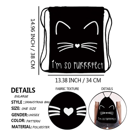 Cute Cat Print Drawstring Bag Black Polyester Waterproof Travel Storage Backpack With Letter Pattern For Men Women